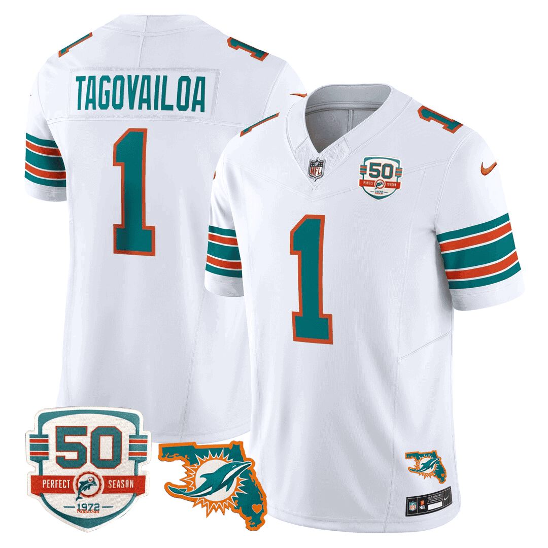 Men Miami Dolphins 1 Tagovailoa White 2024 Nike Throwback 50th Perfect Season Florida Patch Vapor NFL Jersey